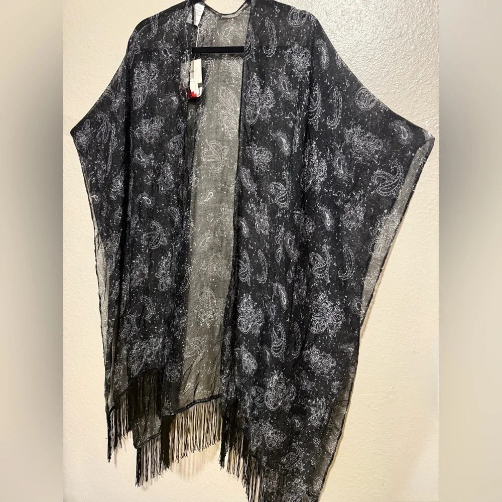 Black Paisley Fringe Kimono | Sheer Boho Wrap Cardigan Cover Up